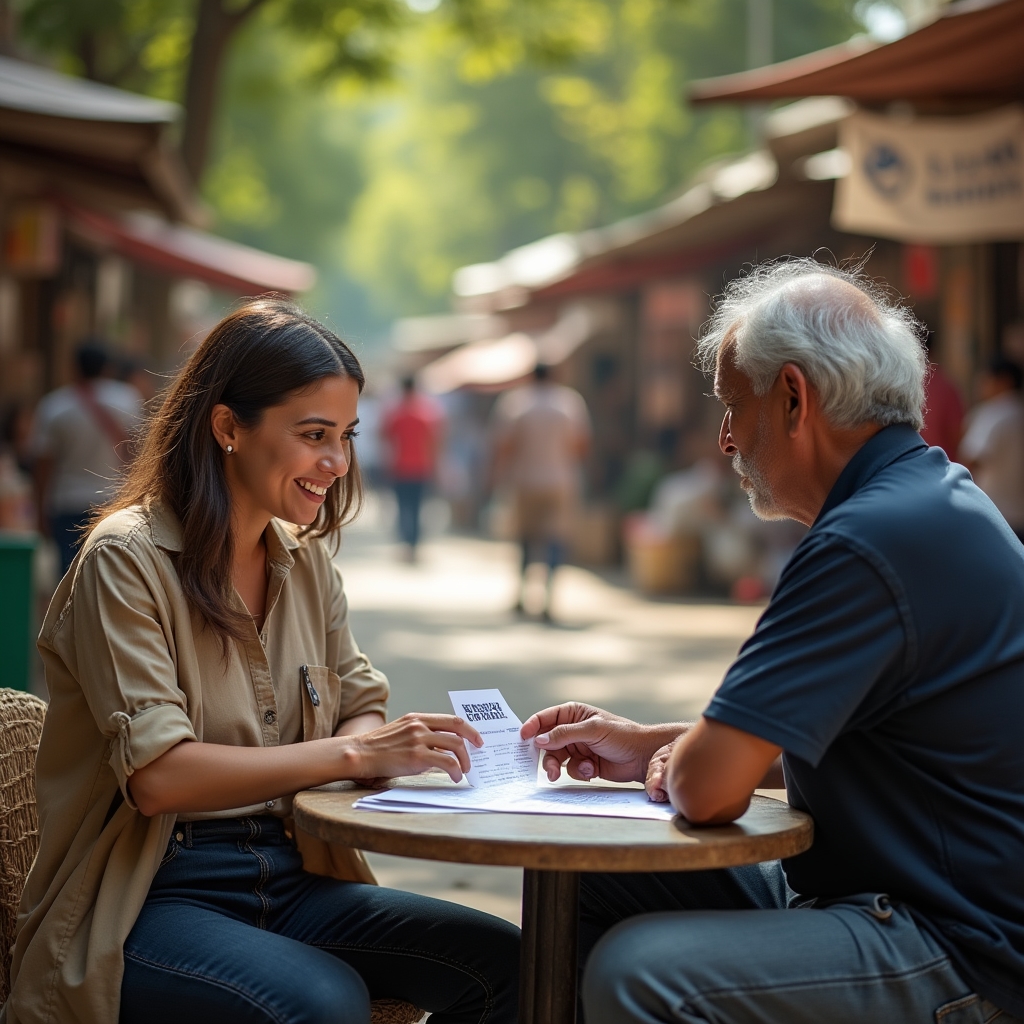 A financial promoter helping a market vendor understand account opening documents at an outdoor table near a market stall, both reviewing a printed guide