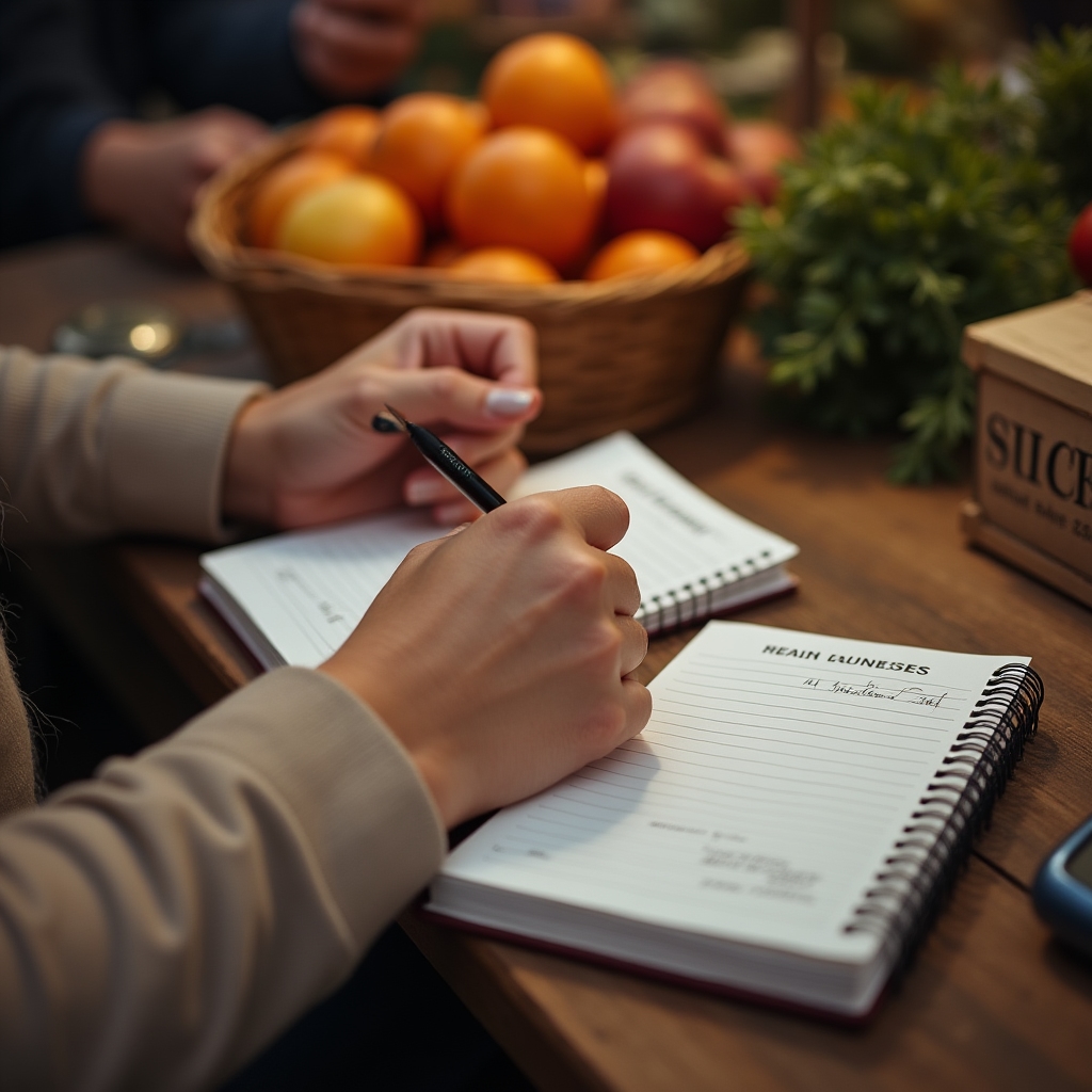 Vendor at a market stall writing entries into two separate notebooks labeled for business and personal expenses, pencil in hand, warm afternoon light