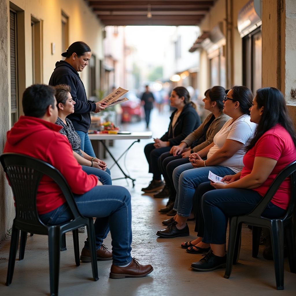 Small group workshop with informal vendors gathered around a table reviewing printed educational materials about financial services