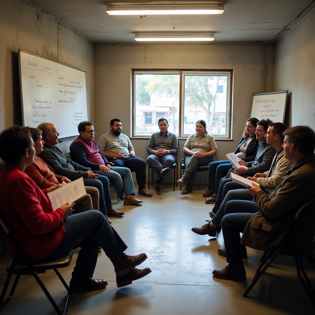 Informal market vendors attending a community association meeting in a simple indoor space, reviewing printed educational materials