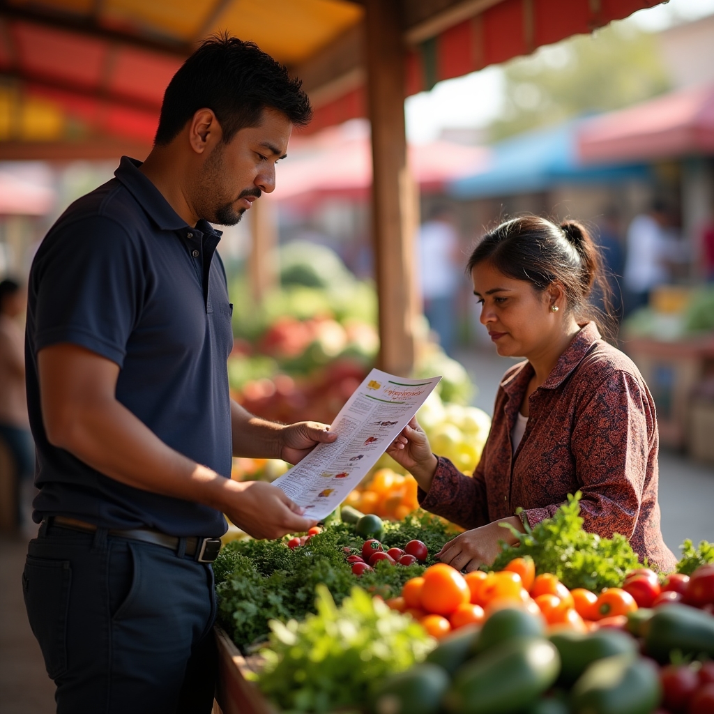 Financial inclusion promoter training a market vendor at a tianguis stall in Xalapa