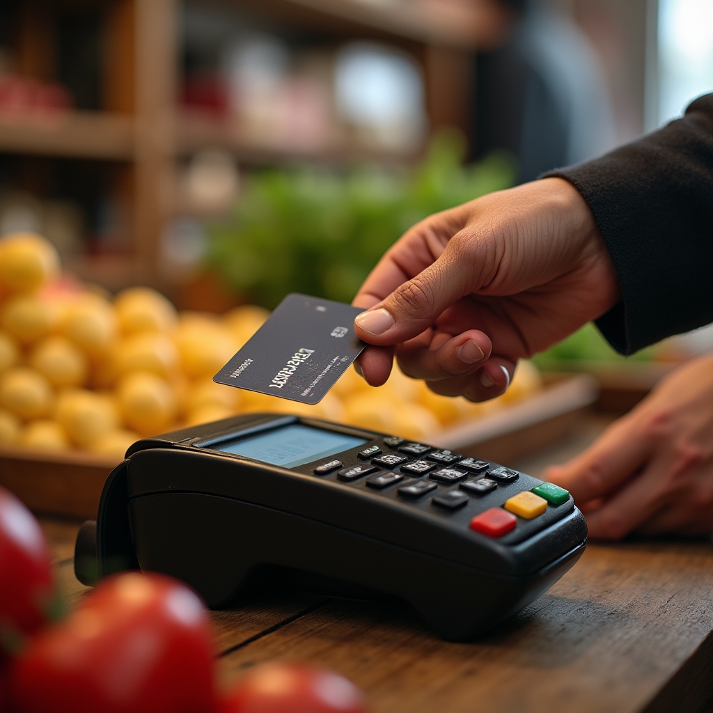Close-up view of a vendor's hands operating a compact POS terminal at a market stall, processing a payment while a promoter observes nearby
