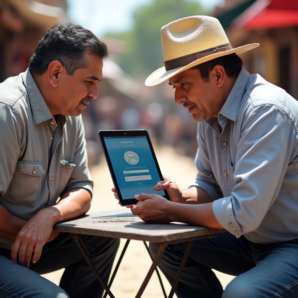 Financial inclusion promoter showing a vendor how to open a Level 2 bank account on a tablet device