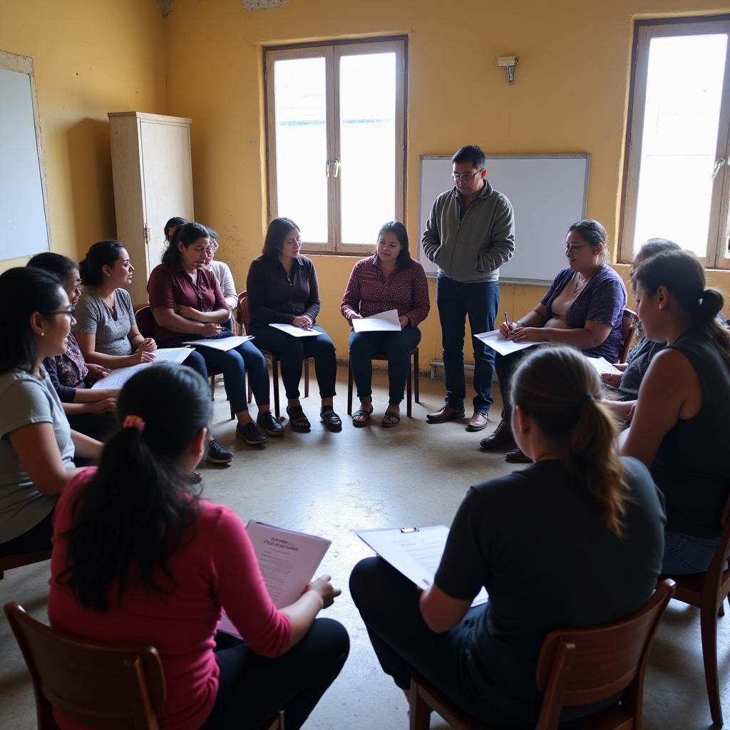 Group of prospective financial inclusion promoters seated in a circle during a training session, reviewing printed materials and discussing in a community space