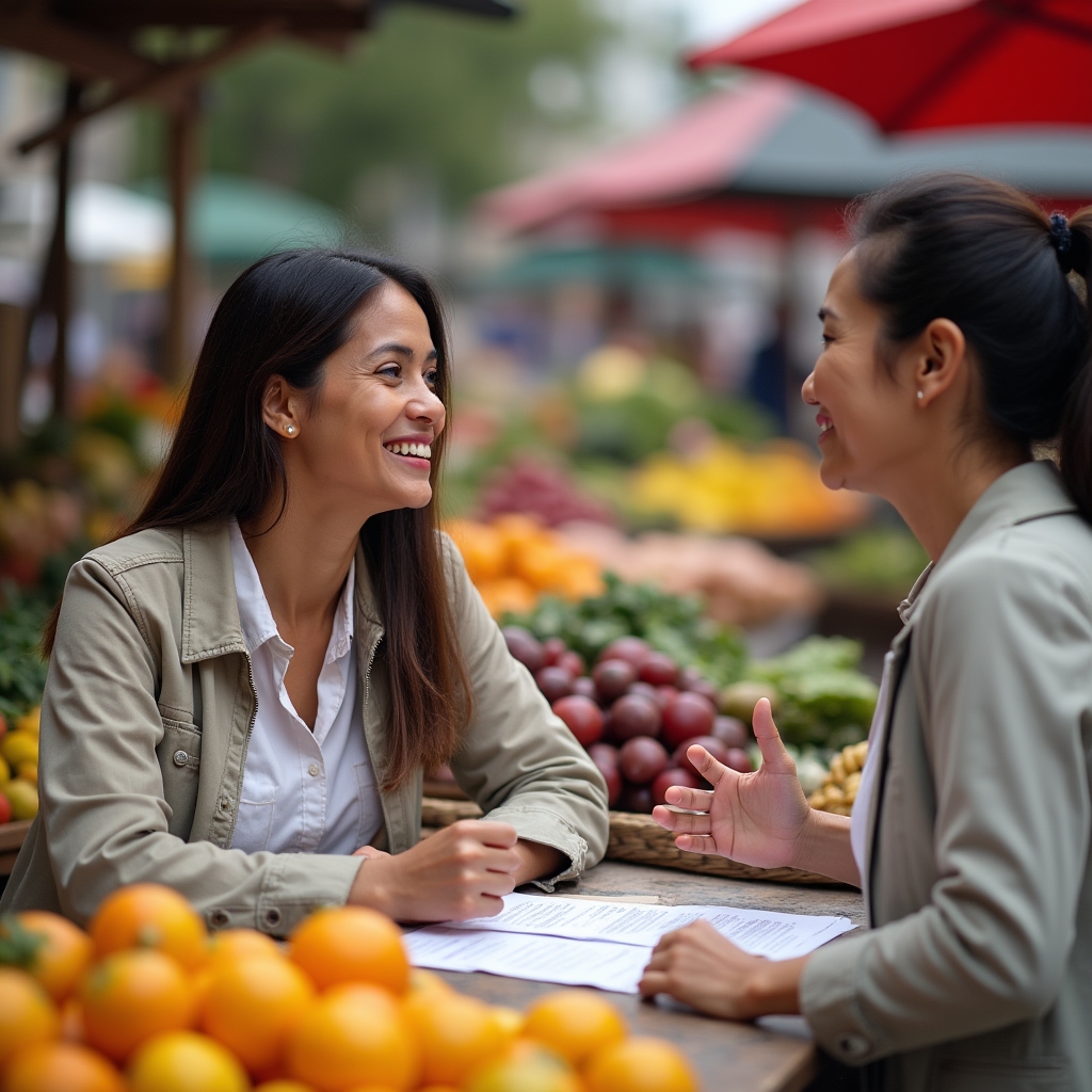 Financial inclusion promoter having a warm conversation with a fruit vendor at their outdoor market stall, reviewing documents together