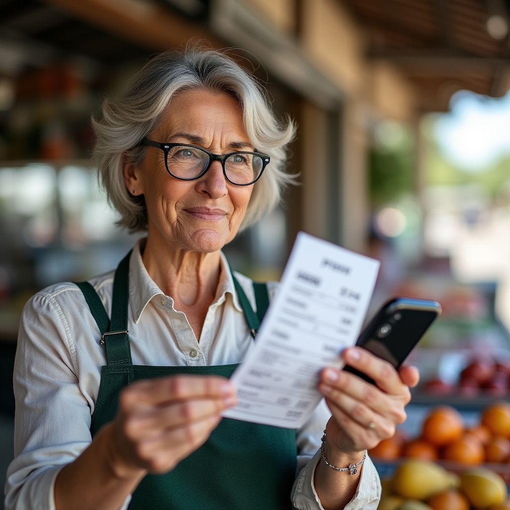 Vendor holding a printed simplified fiscal receipt at their market stall, comparing it to information shown on a smartphone screen, natural daylight