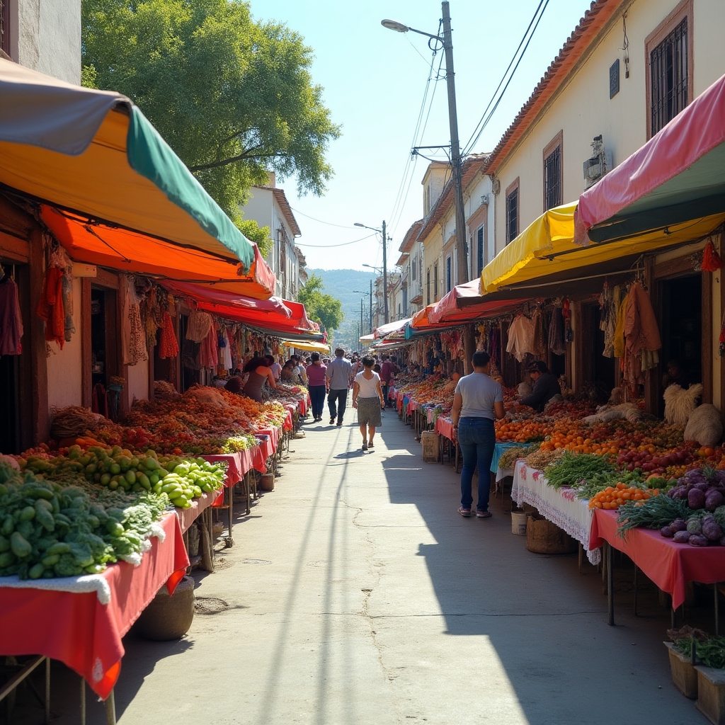 Busy tianguis street market in Xalapa with colorful stalls and vendors interacting with customers