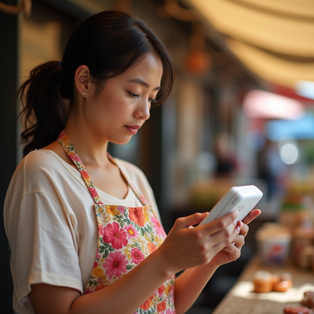 Informal vendor using a point-of-sale terminal at their market stall to process a digital payment